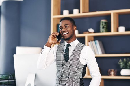 Photo for Black man, business and phone call in office or corporate networking for financial investment for offer, deal or client. Male person, cellphone and economy conversation for savings, planning or chat. - Royalty Free Image