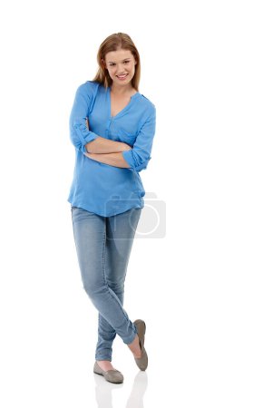 Photo for Woman, portrait and happiness for fashion in studio with arms crossed by white background. Confidence, satisfied and style for gen z female, isolated and smile with smart casual outfit for work. - Royalty Free Image