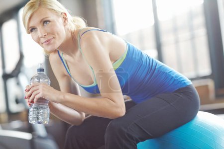 Photo for Thinking, ball or woman drinking water on break in exercise, workout or fitness training in gym. Tired, healthy girl or thirsty sports athlete with fatigue or bottle for wellness, rest or hydration. - Royalty Free Image