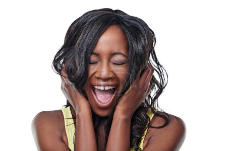 Photo for Woman, shouting and studio with closed eyes, screaming and face expression and isolated on white background. Mockup space, loud and singing black female person, hands on ear for pitch or sound. - Royalty Free Image