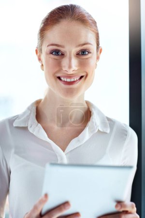 Photo for Business, woman and portrait with tablet in office for corporate research, communication and happy. Professional, employee and tech with smile for networking, online information and project planning. - Royalty Free Image