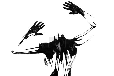 Photo for Studio, figure and paint on body of person with outline of hands and human silhouette in white background. Creative, painting and texture of black ink for art or abstract character in mockup space. - Royalty Free Image