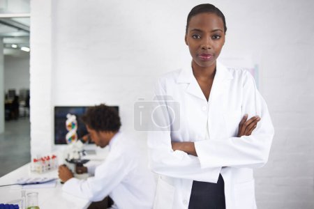 Photo for Portrait, science and black woman arms crossed in laboratory for innovation or research development. Healthcare, medicine and study with young scientist in lab for breakthrough or investigation. - Royalty Free Image