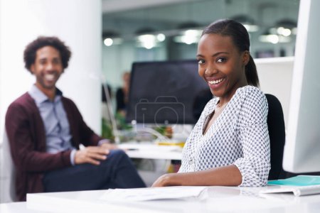 Photo for African woman, man and portrait in office with smile, pride and confident at startup company. Black people, employees and happy in workplace with teamwork for collaboration at creative media agency. - Royalty Free Image