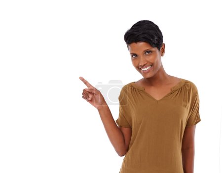 Photo for Space, pointing or happy woman with announcement, offer or promotion isolated on white background. Smile, show or lady in studio with hand for advertising, marketing or sale for discount deal mockup. - Royalty Free Image