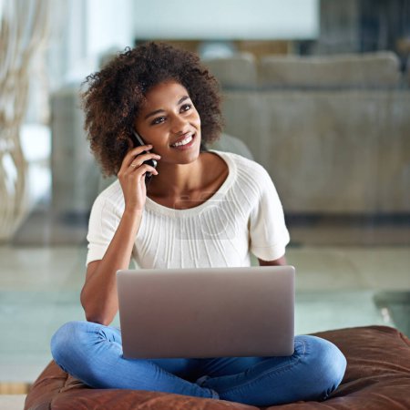 Photo for Remote work from home and black woman with phone call, laptop or copywriting with entrepreneur or connection. African person, apartment or freelancer with computer or cellphone with internet or idea. - Royalty Free Image