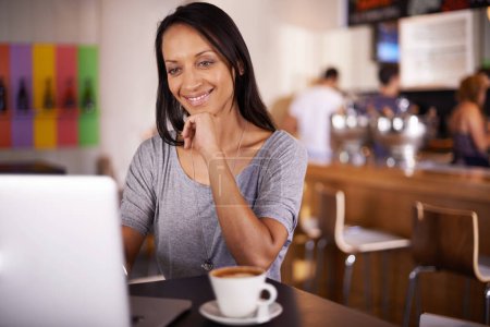 Photo for Happy woman, laptop and cafe with coffee for remote work, communication or networking. Face of young female person or freelancer with smile, drink or reading email on computer at indoor restaurant. - Royalty Free Image