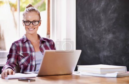 Photo for Portrait, designer and woman with remote work, laptop or smile in home office for creative writing. Research project, website review or freelancer in a startup or business in her house for connection. - Royalty Free Image