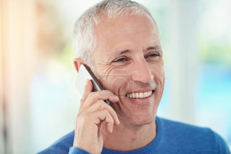 Photo for Closeup, senior man and phone call for contact, communication or talking with smile for good news. Happy, elderly male person and smartphone for connectivity, discussion or conversation at home. - Royalty Free Image