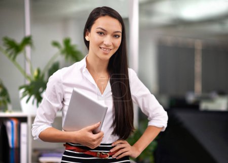 Photo for Smile, tablet and portrait of business woman in office for creative research on internet. Happy, confident and professional Asian female designer with digital technology for project in workplace - Royalty Free Image