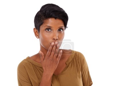 Photo for Portrait, secret or shocked woman cover mouth for gossip or sale in studio on white background. Mockup space, wow or amazed face of a person surprised by deal announcement, drama story or fake news. - Royalty Free Image