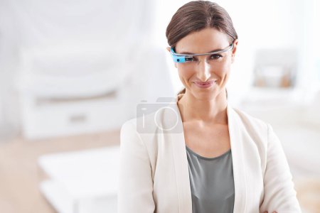 Photo for Businesswoman, portrait and futuristic with smart glasses technology for digital communication, biometrics or corporate. Female person, virtual reality and employee innovation, metaverse or scanner. - Royalty Free Image