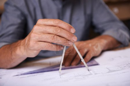 Photo for Hands, compass and architect person drawing blueprint, construction and civil engineering with stationery. Drawing tools, equipment and closeup of floor plan for property development or renovation. - Royalty Free Image