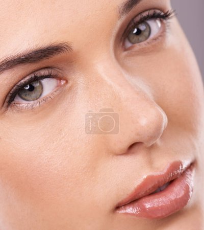 Photo for Skincare, dermatology and portrait of woman in studio for wellness, beauty and facial treatment. Luxury salon, spa and face closeup of person with makeup, cosmetics and health skin on background. - Royalty Free Image