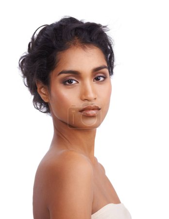 Photo for Beauty, portrait and Indian woman in studio for makeup glamour, cosmetics or wellness on white background. Face, calm or female model with glowing skin, results or cosmetology, shine or satisfaction. - Royalty Free Image