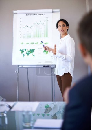 Photo for Meeting, presentation and businesswoman in office with whiteboard, stats or global b2b workshop. Charts, discussion and business people in conference room brainstorming ideas, planning and growth. - Royalty Free Image