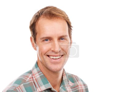 Photo for Fashion, smile and portrait of man in studio for trendy, cool and stylish clothes on isolated white background. Aesthetic, happy and face of Canadian male model for confidence or contemporary outfit. - Royalty Free Image