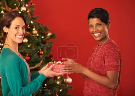 Retrato, navidad o celebración como pareja de mujeres, regalo o sonrisa para agradecerte por tu amistad. Felices, amigas o caja para intercambiar en gratitud, sorpresa o felicitaciones juntas en casa.