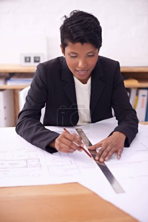 Photo for Architecture, civil engineering or woman drawing on blueprint or paper for development project. Measure, blueprint or female designer with ruler or pencil for sketching floor plan of office building. - Royalty Free Image