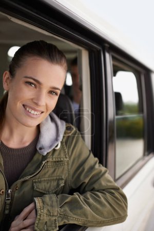 Photo for Portrait, woman or car as window on adventure, road trip or getaway for travel and leisure in Brazil. Smile, female person or traveler on driving holiday in motor transport as journey of exploration. - Royalty Free Image