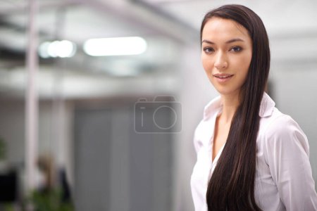 Photo for Employee, portrait and woman in office, workspace and professional for creative career. Graduate, worker and intern for publication, artistic job or magazine company with mockup in conference room. - Royalty Free Image