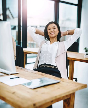 Photo for Business woman, portrait and relax with productive day in completion, finished or done at office. Young female person or happy employee with smile, stretching or rest in break or freedom at workplace. - Royalty Free Image