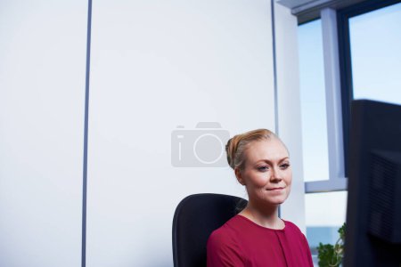 Photo for Idea, computer and business woman thinking in office for planning, research and idea inspiration. Questions, contact us and entrepreneur with pc search for web design, project or proposal feedback. - Royalty Free Image