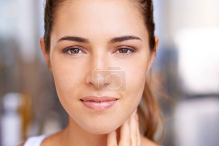 Photo for Woman, skincare and portrait confidence with beauty outdoor for dermatology or treatment, transformation. Female person, natural and hygiene routine or bathroom health for relax, home or wellness. - Royalty Free Image