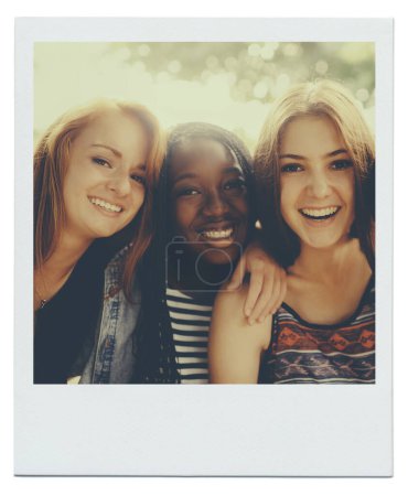 Photo for Women, friends and happy portrait in nature as polaroid picture for bonding connection, summer or together. Female people, face and diversity in environment for relaxing holiday, vacation or weekend. - Royalty Free Image