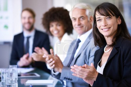 Photo for Portrait, woman or clapping in business, presentation or workshop of company, corporate or training. Businesspeople, applause or smile in conference room as professional, meeting or communication. - Royalty Free Image