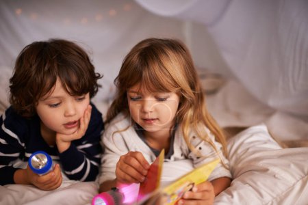 Photo for Reading, blanket fort and children with book for knowledge, learning and education with flashlight. Bonding, relaxing and young kids enjoying story or novel together in tent for sleepover at home - Royalty Free Image
