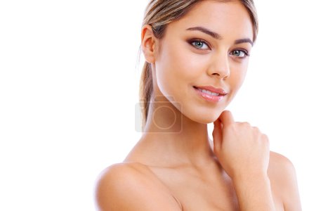 Photo for Skincare, mockup and portrait of woman in studio for health, wellness and beauty face treatment. Natural, cosmetic and young female person with facial dermatology routine for glow by white background. - Royalty Free Image