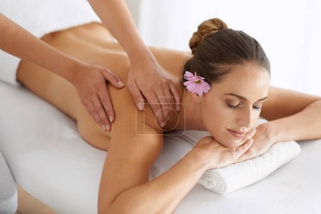 Photo for Woman, back massage and hands for treatment, relaxing wellness and beauty therapy for body care. Female person, calm and serene or dermatology, cosmetics and resting at resort hotel and peace or zen. - Royalty Free Image