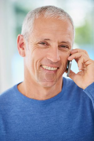 Photo for Portrait, mature man and phone call for communication, contact or talking with smile for good news. Closeup, senior male person and smartphone for connectivity, discussion or conversation at home. - Royalty Free Image