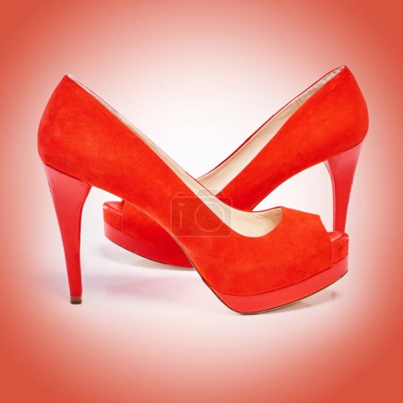 Photo for High heels, fashion and women shoes in studio for luxury, designer and retail sale or discount. Elegance, stylish and female footwear with fancy or formal accessory isolated by red background - Royalty Free Image