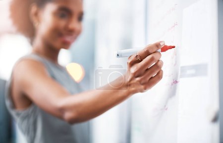Photo for Woman, hand and writing with whiteboard for brainstorming, coaching or presentation at office. Closeup of creative female person taking notes on board for planning, teaching or workshop in startup. - Royalty Free Image