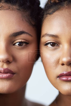 Photo for Sisters, half face and beauty in studio, twins and luxury makeup cosmetics on white background. Women, friends and portrait for soft skin, dermatology and skincare bonding or confident for glow. - Royalty Free Image