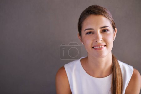 Photo for Portrait, happy woman or smile in studio professional and confident person by grey background. French female, designer and pride on face for career growth and positive attitude in creative job. - Royalty Free Image