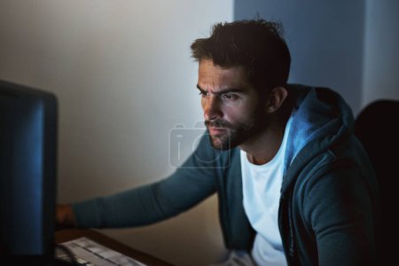 Photo for Computer, man or hacker thinking at night of cyber security, programming or digital network safety. Male person, technology or pc in home planning internet crimes for malware, phishing and ransomware. - Royalty Free Image