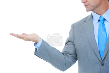 Photo for Businessman, hands and palm with advertising for marketing or presentation on a white studio background. Closeup of man or employee with hand out for selection, choice or decision on mockup space. - Royalty Free Image