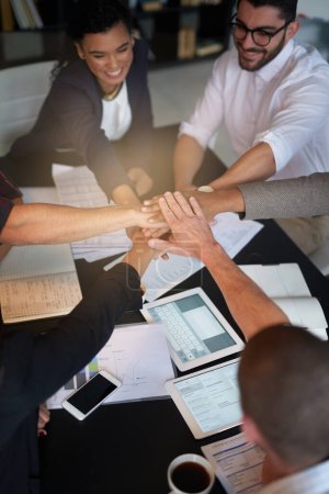 Photo for Teamwork, business people and hands together in office for corporate project, trust and motivation in boardroom. Group of employees, collaboration or tech for team building for support or mission. - Royalty Free Image