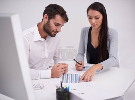 Photo for Business, teamwork and collaboration on data analysis review or conversation in finance office. Accounting, report and people planning on financial spreadsheet budget together or research for project. - Royalty Free Image