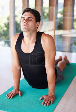 Photo for Exercise, stretching and man during yoga, fitness and workout at wellness center. Flexible, relax and mindset or wellbeing and breath work, health or pilates mat for outdoor meditation in cobra pose. - Royalty Free Image