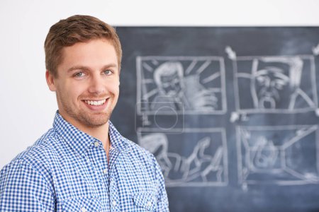 Photo for Teacher, portrait and man in school with blackboard, drawing and education in classroom. Montessori, academy and person teaching with chalkboard on creative campus for development in visual learning. - Royalty Free Image
