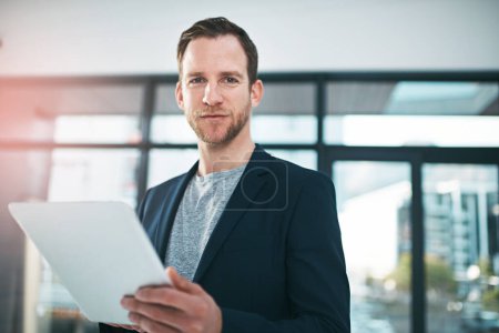 Photo for Businessman, office and tablet in portrait with smile in confidence with tech for analyst job. Male person, workplace and notepad in company with analytics for business with pride, digital and career. - Royalty Free Image