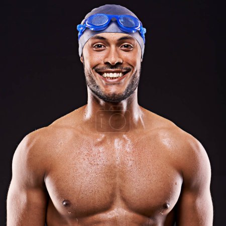 Photo for Studio, swimmer and man smile for portrait, sport and workout for training and exercise for body. Athlete, adult and male person withs strength, professional and champion in black background. - Royalty Free Image