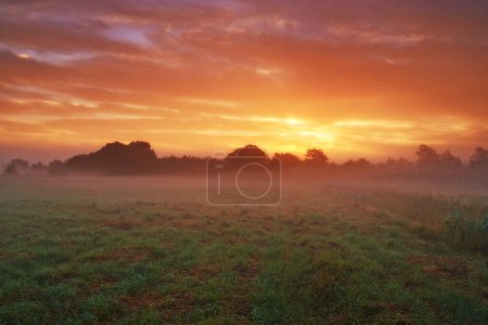 Photo for Clouds, landscape and field in nature, sunset or peace in morning with countryside tranquility sustainability. Freedom, farm and sunrise outdoor for travel, explore or adventure in Amsterdam vacation. - Royalty Free Image