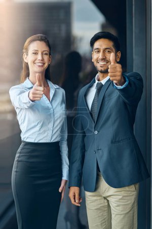 Photo for Business people, portrait and thumbs up for success, achievement or well done at law firm. Corporate lawyer, attorney and paralegal with like, yes and okay hands for support, winning and about us. - Royalty Free Image