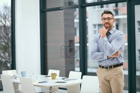 Photo for Business man, portrait and thinking in modern office for decision, planning and management. Project manager, idea and vision in workplace for development, company budget and brainstorming resources. - Royalty Free Image