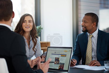 Teamwork, lawyers or business people on laptop for news at law firm for consulting, legal advice or meeting. Collaboration, group or attorneys on technology for schedule update or feedback review.